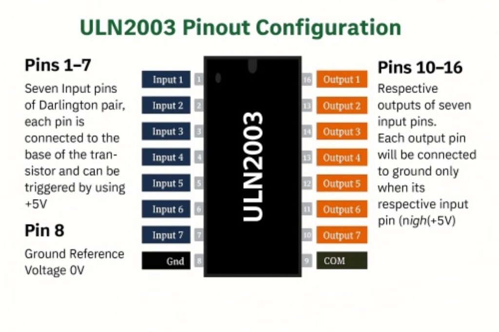 Arduino ULN2003 Stepper Motor Driver Board: Complete Guide to the Darlington Driver IC (Applications, Sequence, and Alternatives) 2 ULN2003 pinout configuration