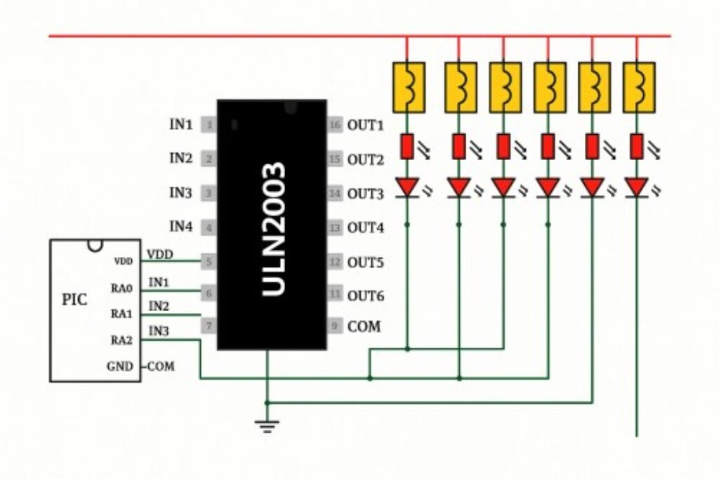 Arduino ULN2003 Stepper Motor Driver Board: Complete Guide to the Darlington Driver IC (Applications, Sequence, and Alternatives) 7 ulln2003 pic microcontorller relay driver schematic