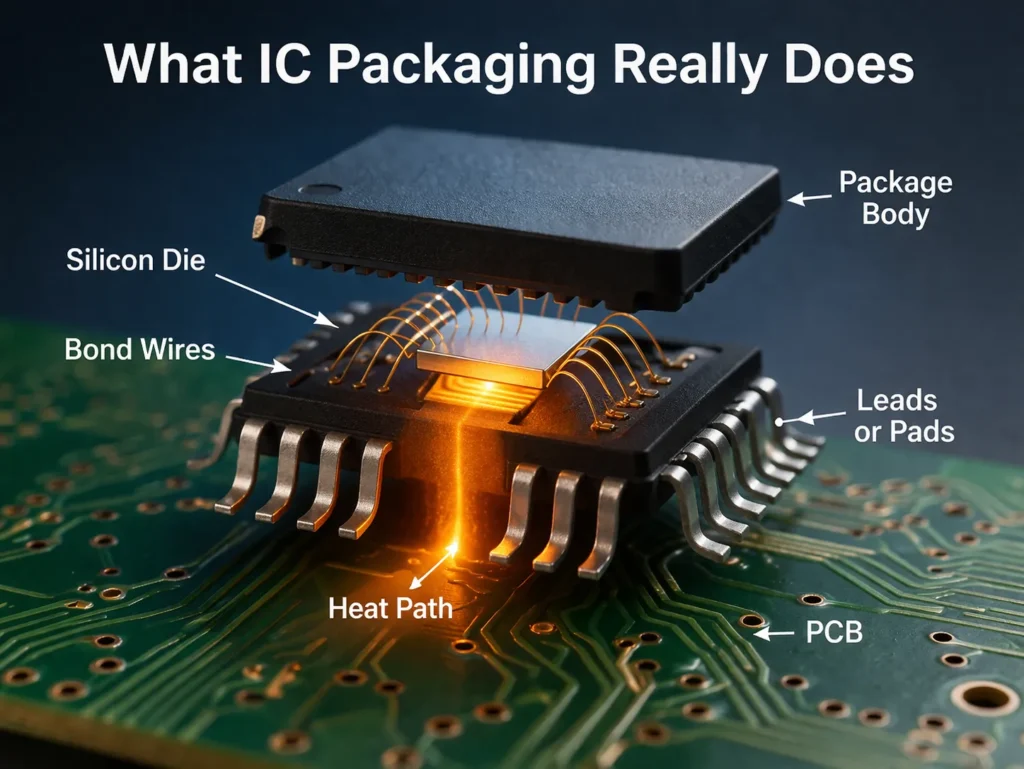 Exploded view showing what an IC package does around the semiconductor die