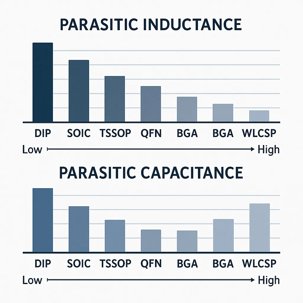 IC Packaging Types Explained: A Complete Engineering Guide to DIP, SOIC, TSSOP, QFN, BGA, and WLCSP 5 ic-package-parasitic-inductance-and-capacitance-infographic