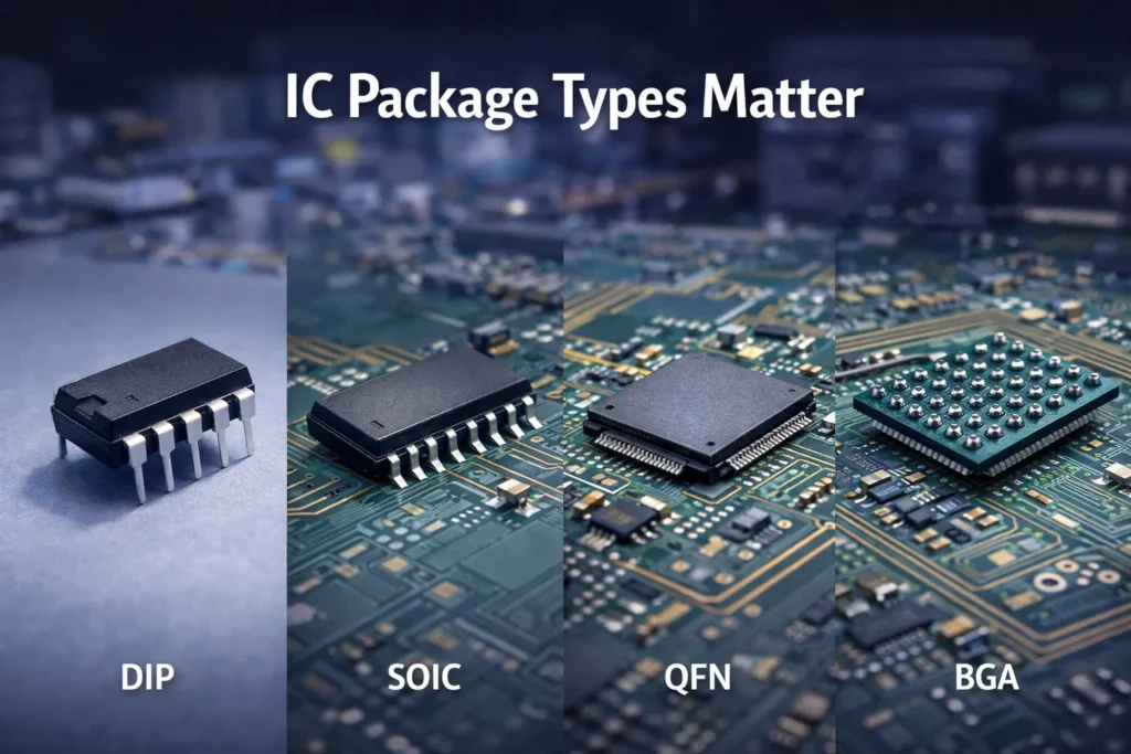 Comparison of common integrated circuit package types including DIP SOIC QFN and BGA