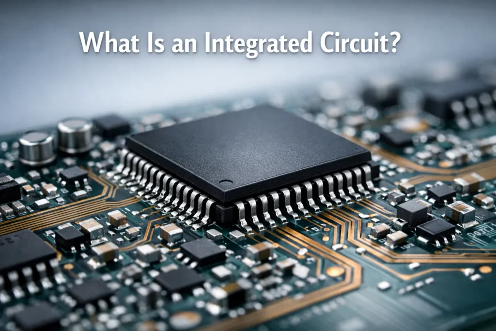 Integrated circuit chip mounted on a PCB with surrounding electronic components