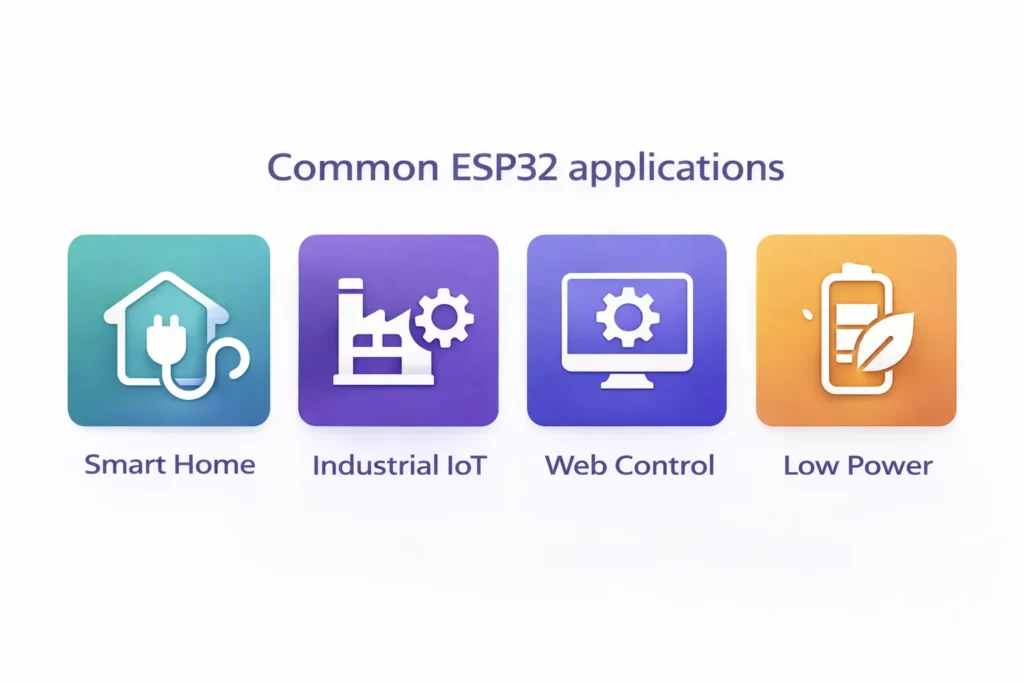 ESP32 applications icons for smart home, industrial IoT, web control, and low power devices