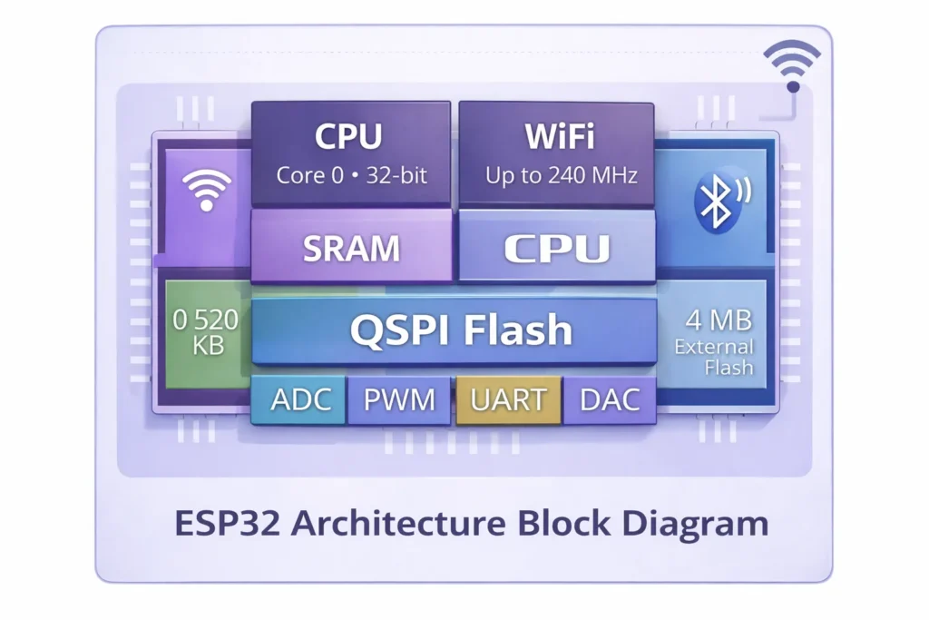 ESP32 block diagram with CPU cores, Wi-Fi, Bluetooth LE, memory, and peripherals