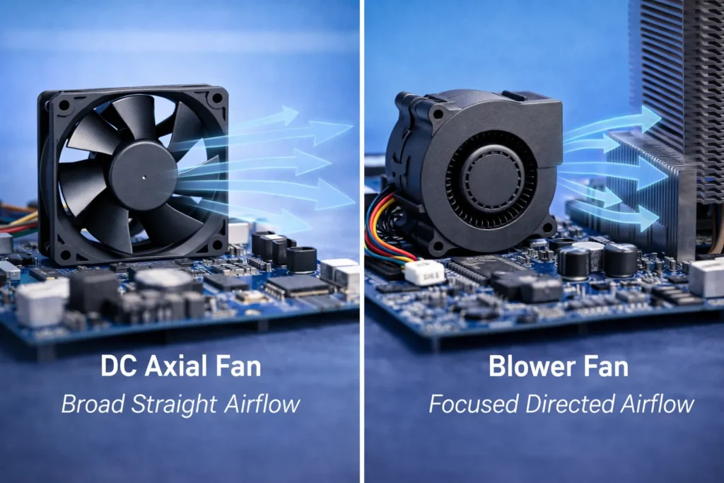 DC Cooling Fan vs Blower Fan: Which One Is Better for Electronics Cooling? 1 Comparison image showing which fan type fits open enclosures compact devices and targeted cooling zones