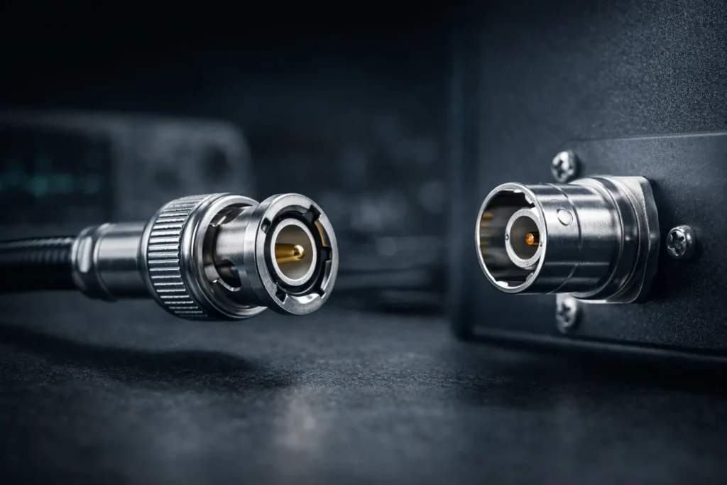 -content/uploads/2026/03/bnc-plug-vs-bnc-port.jpg Comparison of a BNC plug on a cable and a BNC port on a device