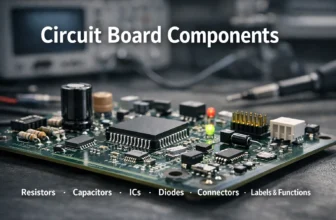 Circuit board components on a PCB including resistors, capacitors, ICs, diodes, and connectors
