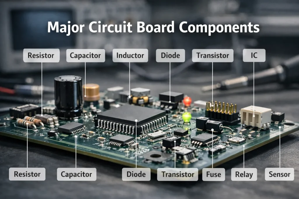 Circuit Board Components: A Practical Guide to Identification, Functions, and Labels 1 Overview of common circuit board components labeled on a PCB