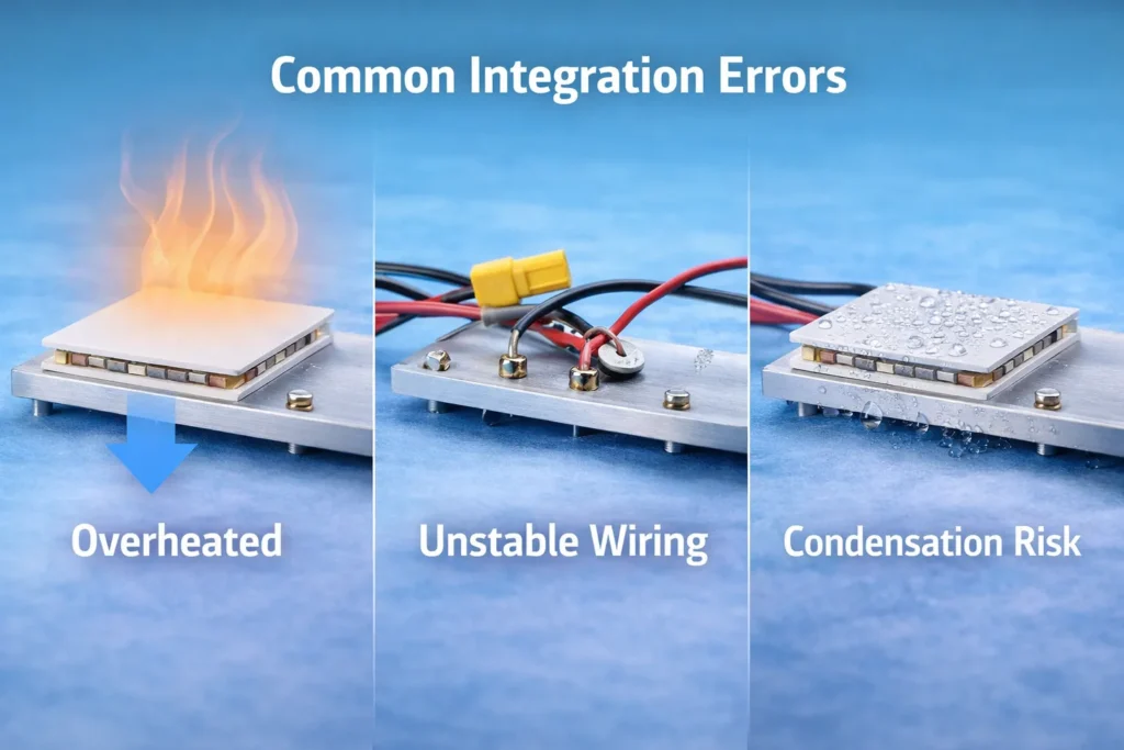 What Is a Thermoelectric Module? TEC vs Peltier Explained for Buyers 3 Common thermoelectric module integration mistakes including no heatsink wrong power and condensation risk