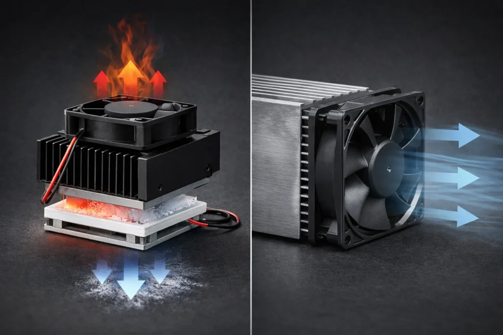 Comparison of thermoelectric heat transfer and thermal fan air movement in electronics cooling