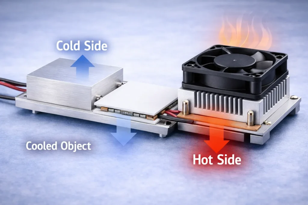 What Is a Thermoelectric Module? TEC vs Peltier Explained for Buyers 2 Thermoelectric module showing cold side hot side and heat transfer in a TEC cooling assembly