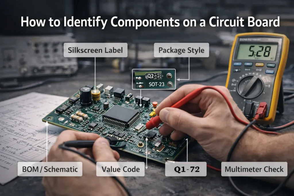 Circuit Board Components: A Practical Guide to Identification, Functions, and Labels 2 Technician identifying components on a circuit board using labels package styles and a multimeter