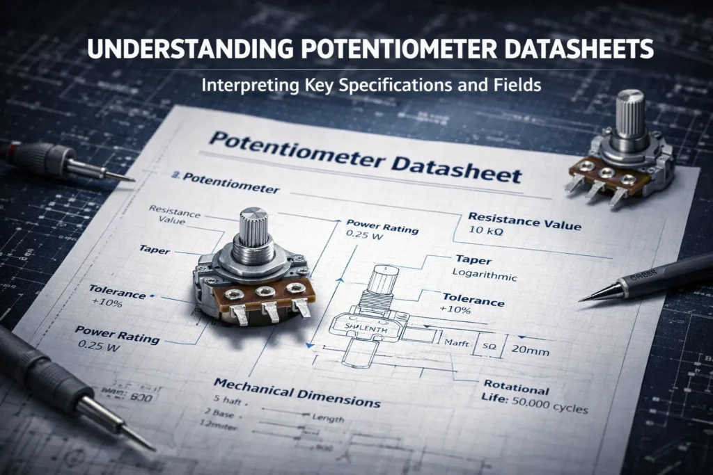 Annotated potentiometer datasheet showing resistance, taper, tolerance, power rating, and life cycle