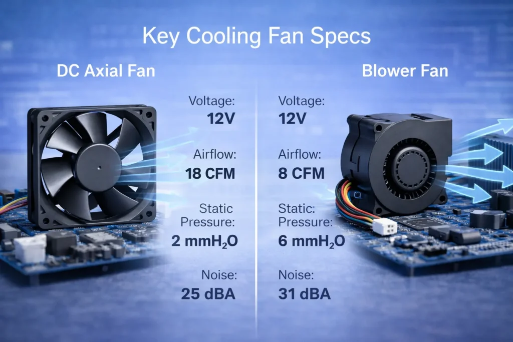 DC Cooling Fan vs Blower Fan: Which One Is Better for Electronics Cooling? 3 Fan selection image showing voltage airflow static pressure and noise as key buying factors