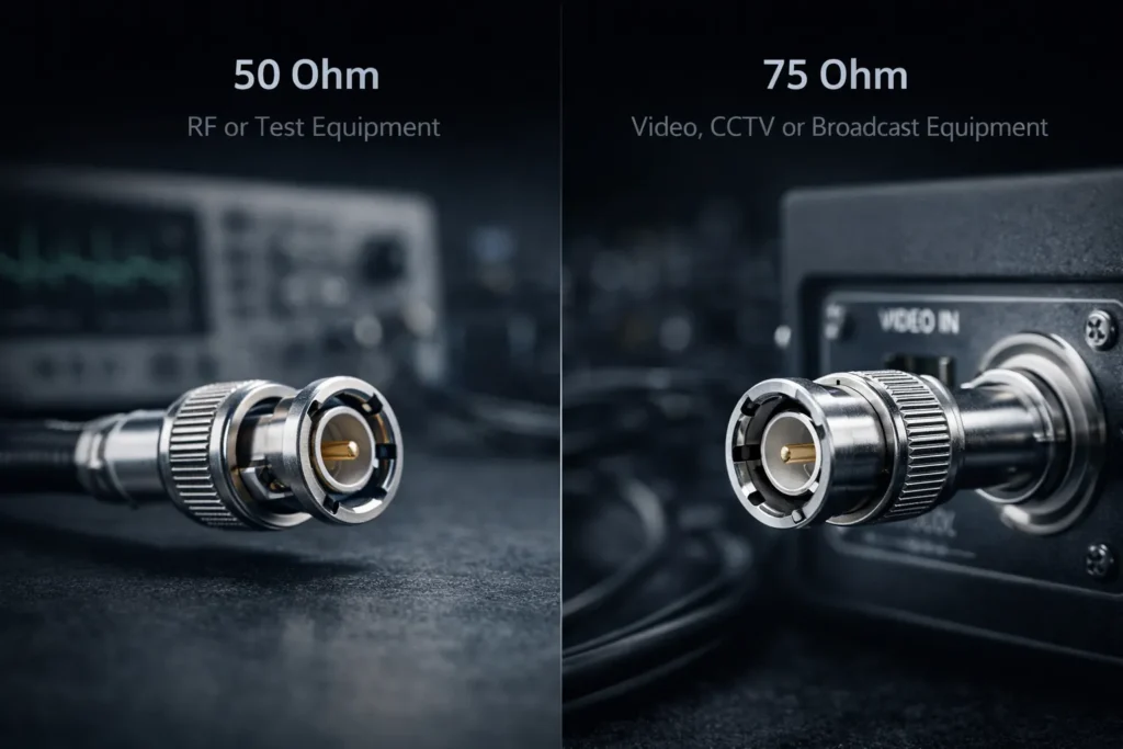 Side-by-side comparison of 50 ohm and 75 ohm BNC cable applications