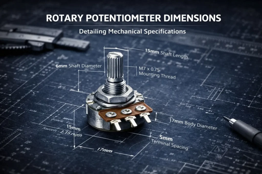 Potentiometer mechanical drawing with shaft length, body size, mounting thread, and pin spacing