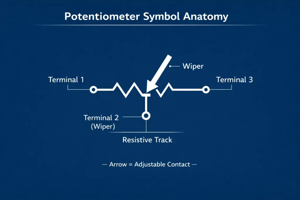 Potentiometer symbol anatomy with labeled terminals and wiper