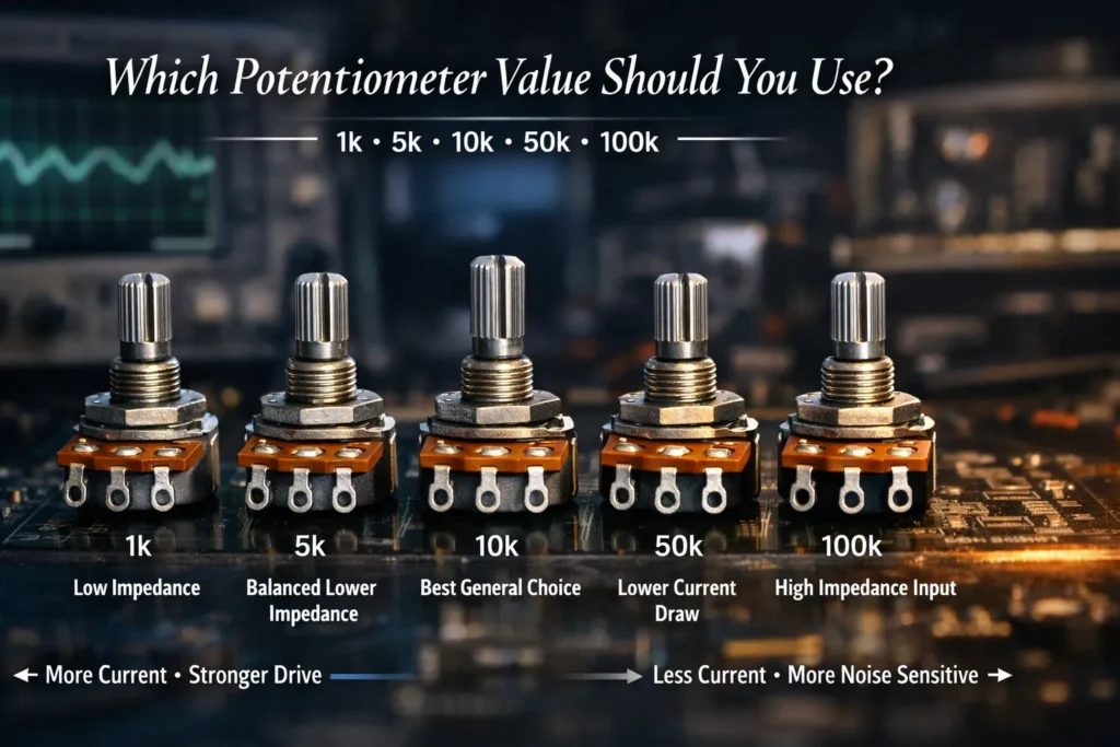 Potentiometer value selection guide comparing 1k 5k 10k 50k and 100k potentiometers