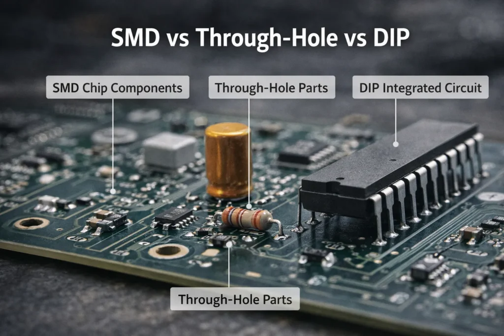 Circuit Board Components: A Practical Guide to Identification, Functions, and Labels 3 Comparison of SMD through-hole and DIP component package styles on a PCB