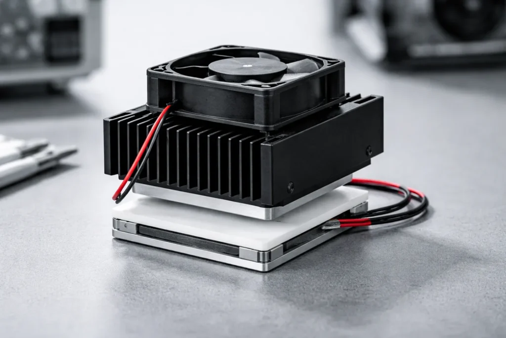 Thermoelectric cooling assembly with TEC module heatsink and fan for electronics cooling