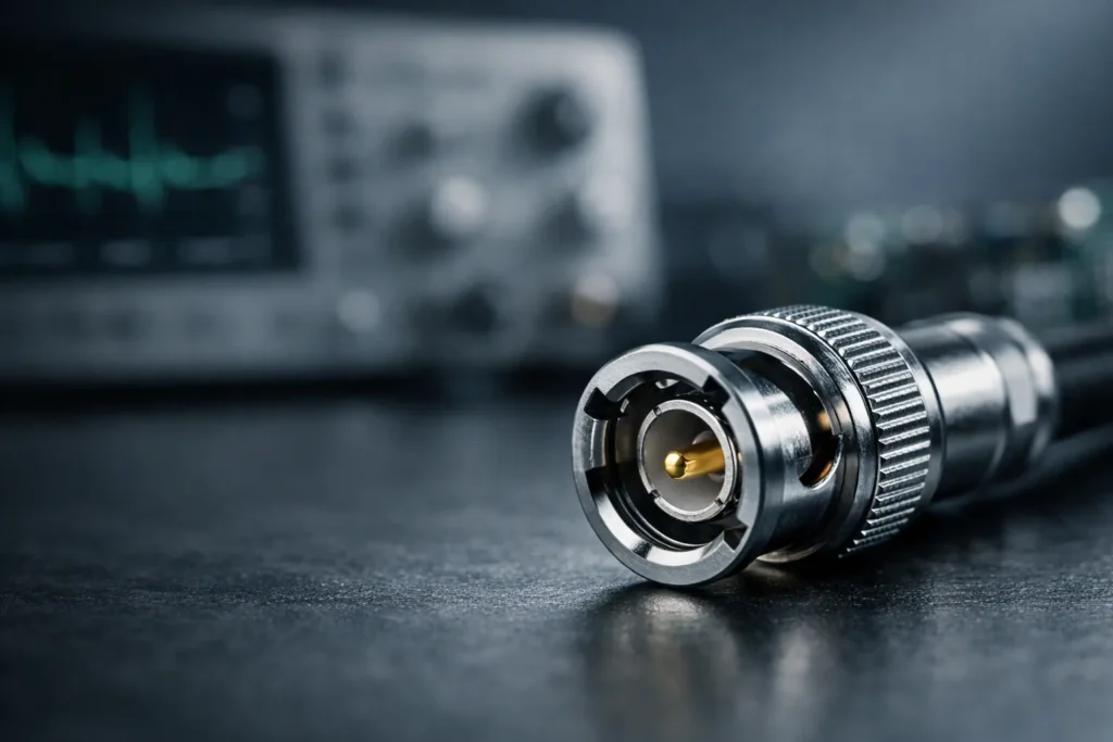 Close-up of a BNC connector showing the bayonet lock and center pin