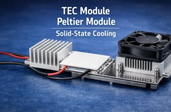 Featured image of a thermoelectric module with heatsink and fan for TEC vs Peltier article