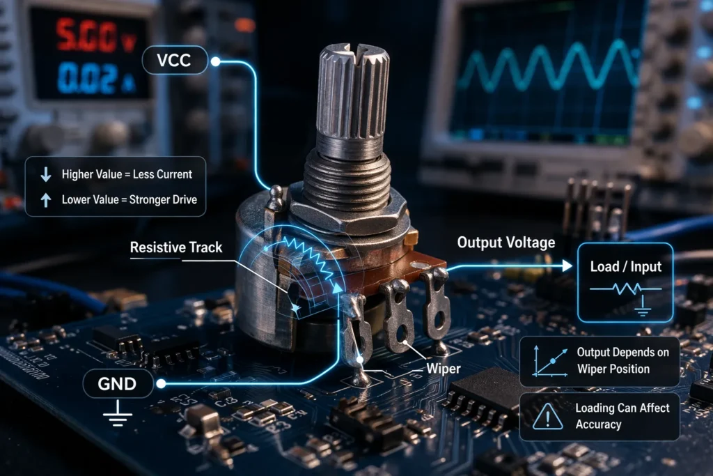 Diagram showing how a potentiometer works as a voltage divider with VCC GND wiper and output voltage