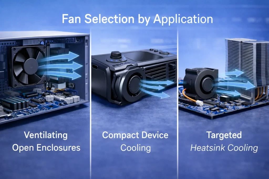 DC Cooling Fan vs Blower Fan: Which One Is Better for Electronics Cooling? 2 Electronics cooling fan selection image showing airflow path pressure needs and space limits