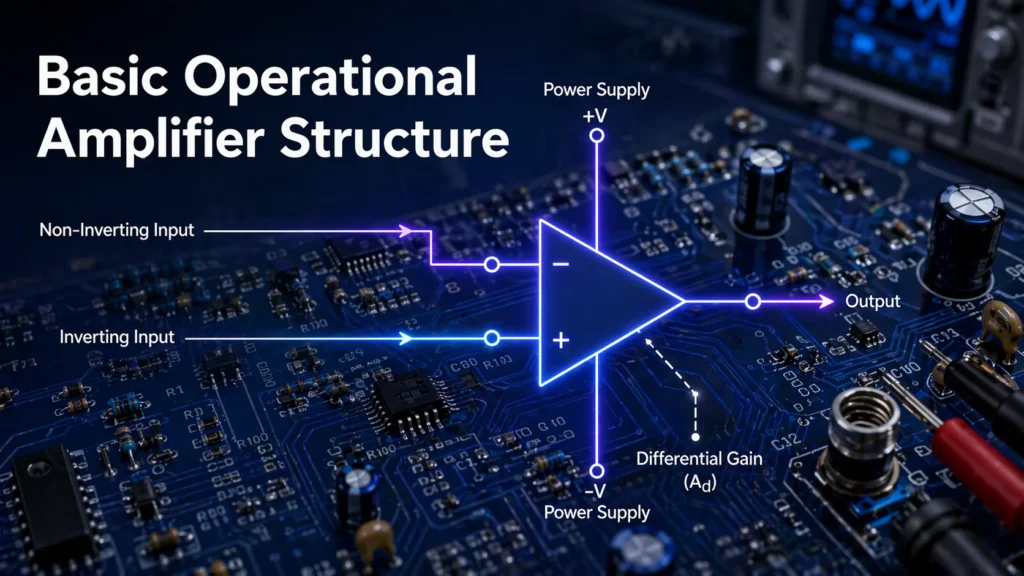 Basic operational amplifier structure showing inverting input, non-inverting input, and output