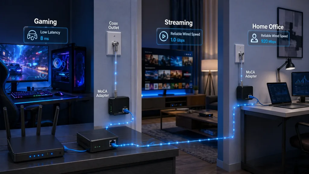 Reliable wired internet for gaming streaming and home office using coax and MoCA