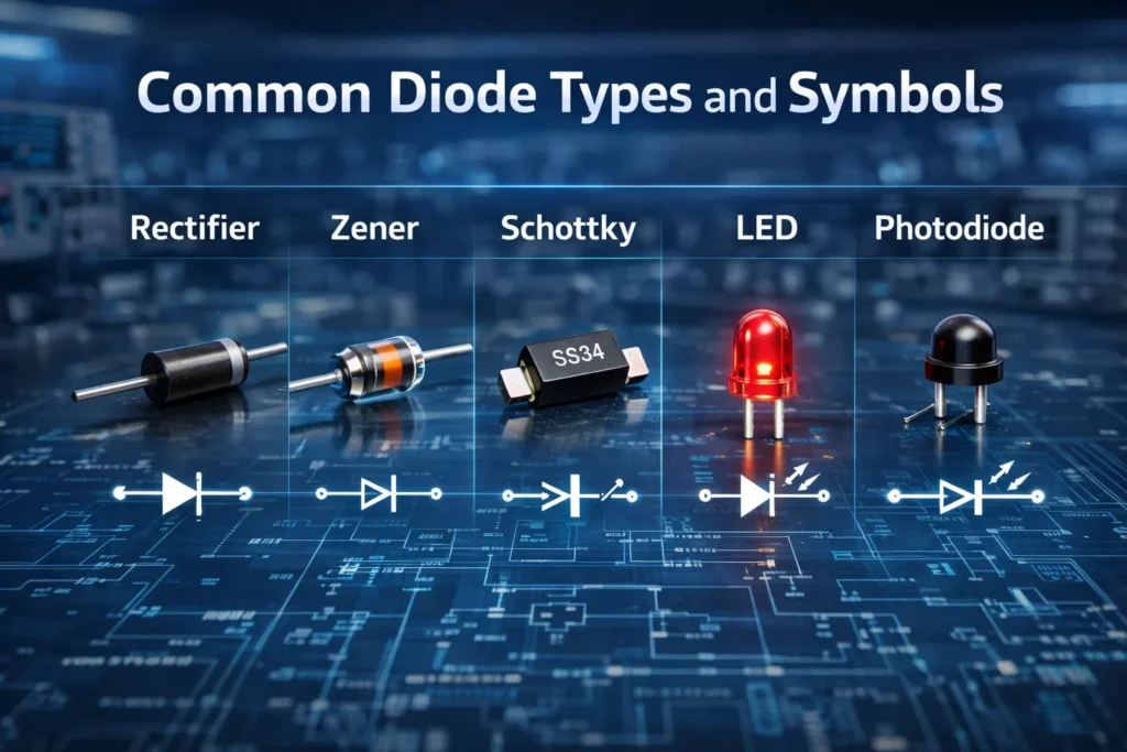 Diode Symbols and Their Functionality: A Complete Guide to Reading Common Diodes 2 Comparison graphic of common diode types and their schematic symbols