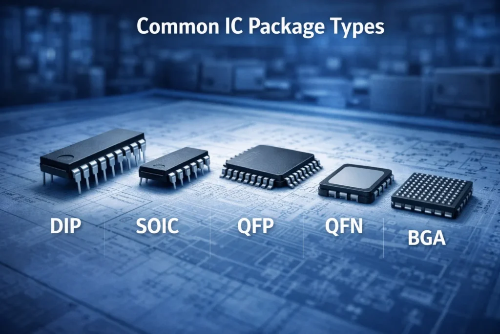 Comparison of common integrated circuit package types including DIP, SOIC, TSSOP, QFP, QFN, and BGA