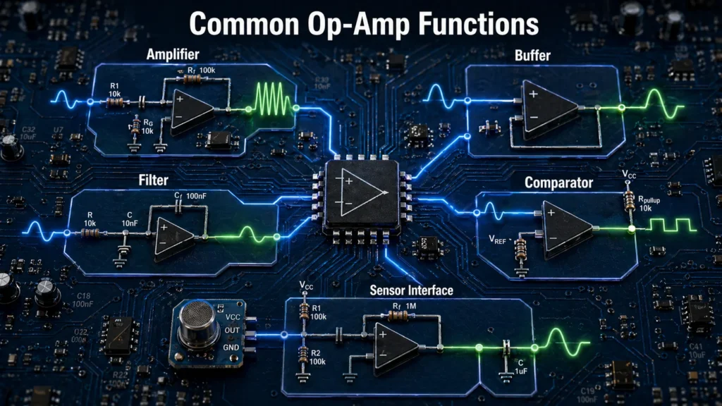 Common op-amp functions including amplifier buffer filter comparator and sensor interface