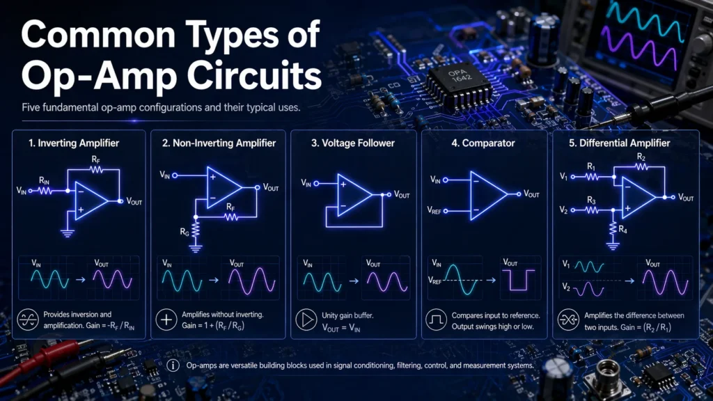 Common types of op-amp circuits including inverting, non-inverting, buffer, comparator, and differential amplifier