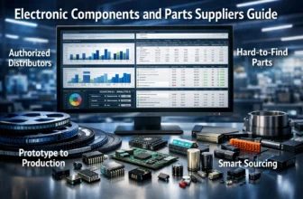 Electronic components and parts suppliers cover image showing chips, connectors, and sourcing dashboard