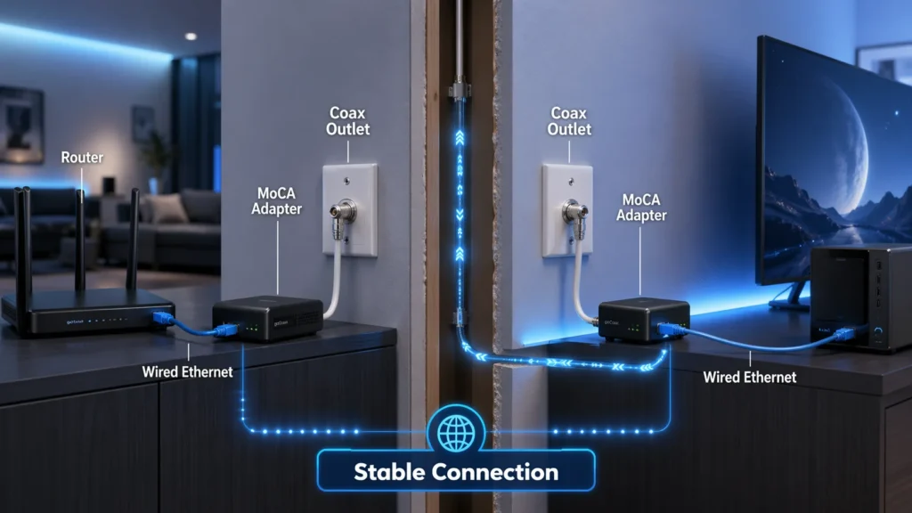 Diagram showing how a MoCA Ethernet adapter uses coax for wired internet