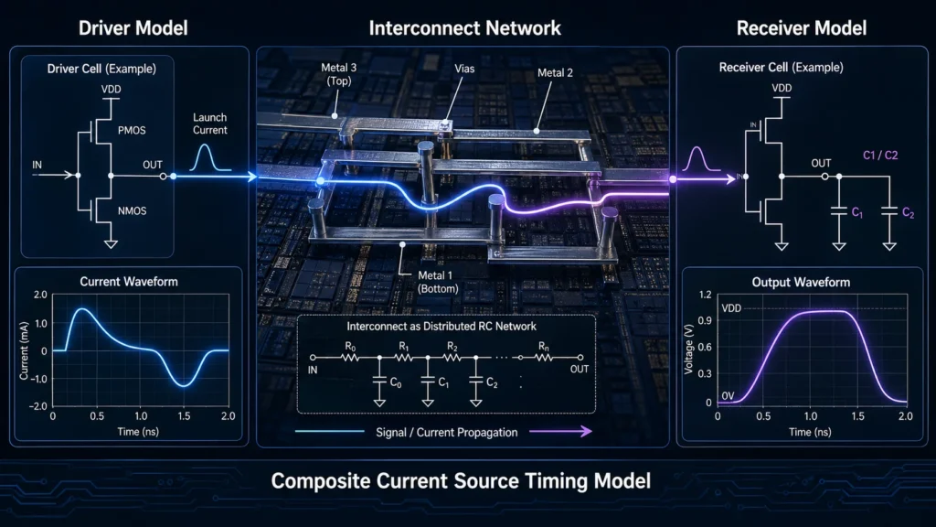 Diagram showing driver model, interconnect network, and receiver model in CCS timing analysis