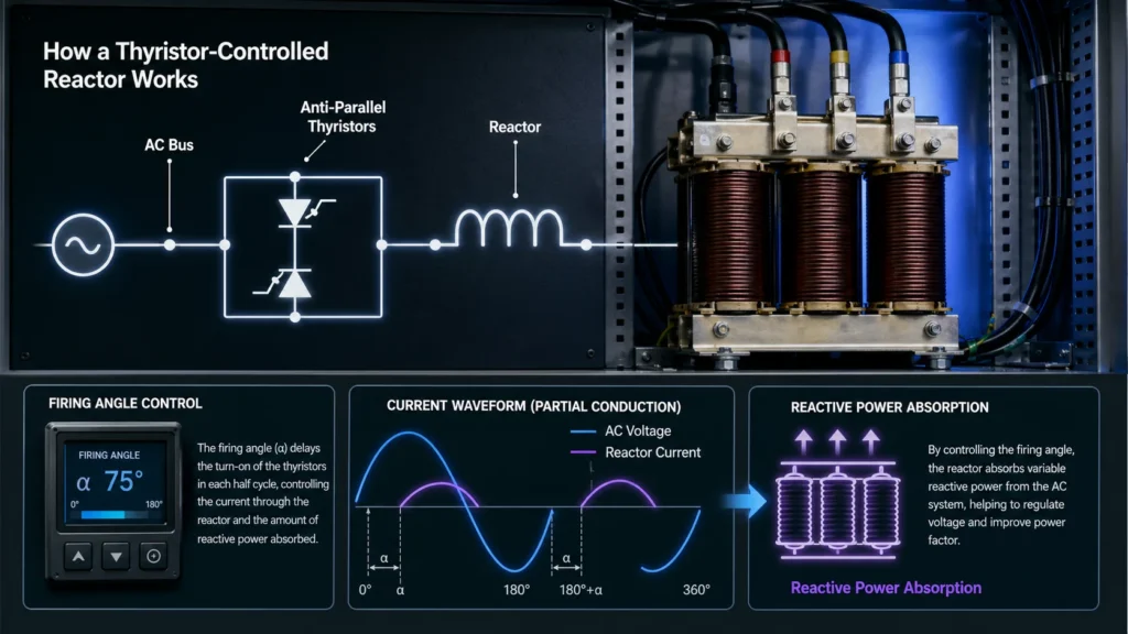 How a thyristor-controlled reactor works with anti-parallel thyristors, reactor, firing angle control, and reactive power absorption