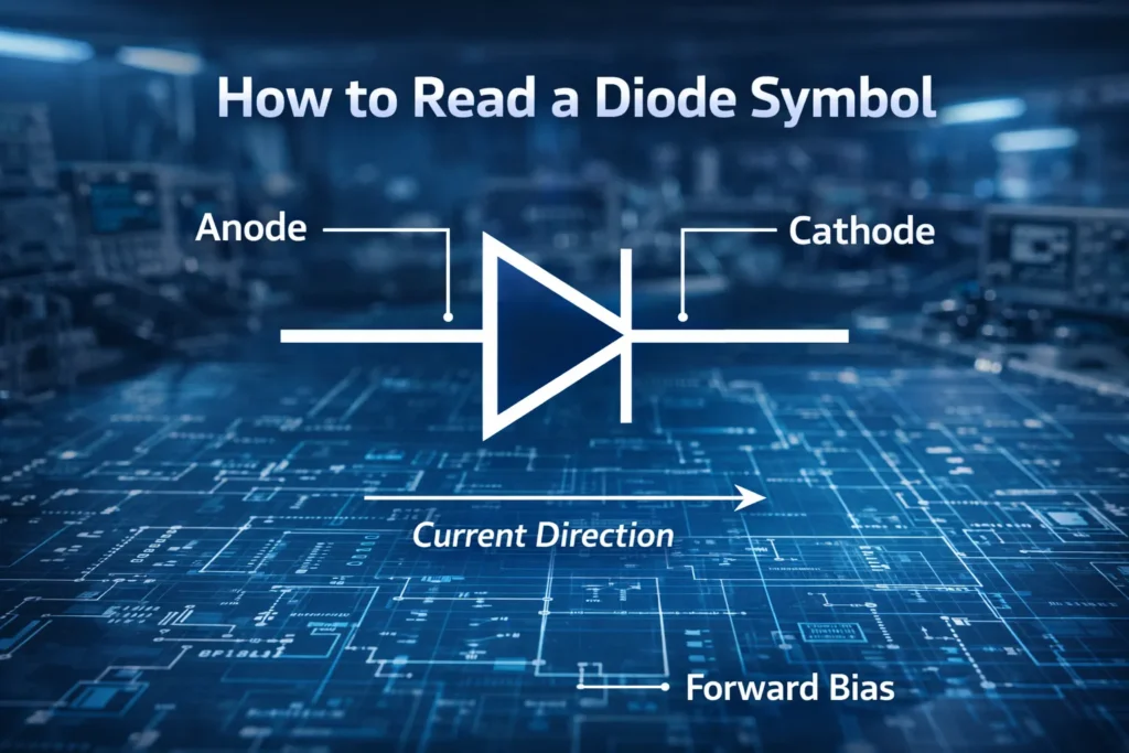 Diode Symbols and Their Functionality: A Complete Guide to Reading Common Diodes 1 Annotated diode symbol showing anode, cathode, and current direction