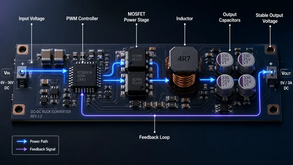 Diagram showing how a voltage regulator module uses PWM control MOSFETs inductor capacitors and feedback loop to create stable output voltage