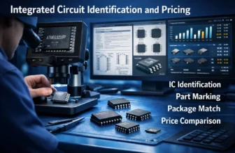 Integrated circuit identification and pricing cover showing IC chips, package matching, datasheet lookup, and supplier price comparison