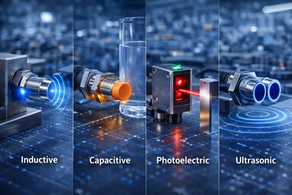 Main proximity sensor technologies including inductive capacitive photoelectric and ultrasonic sensors