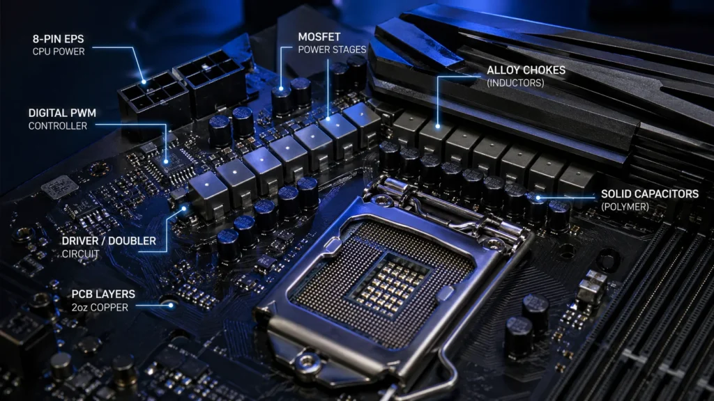 Close-up of a motherboard VRM area around the CPU socket showing power stages chokes capacitors and VRM phases