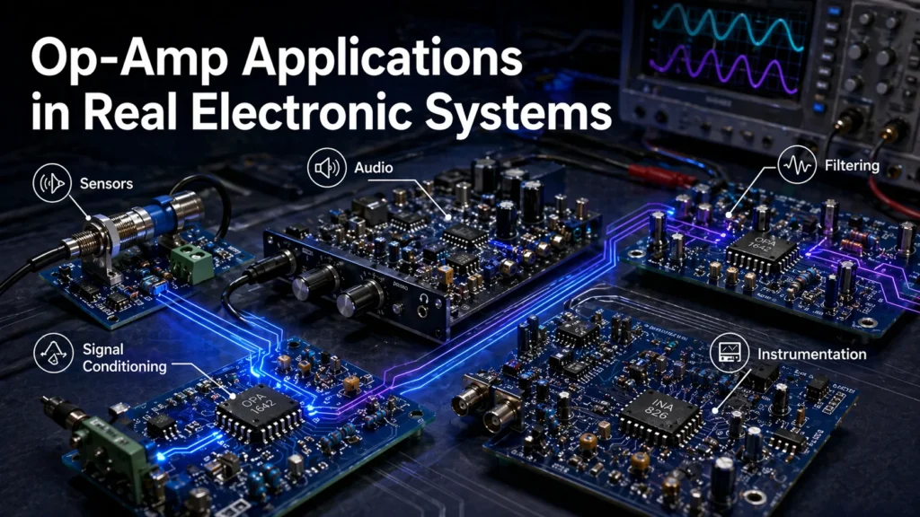 Operational amplifier applications in sensors, audio, filtering, and instrumentation circuits