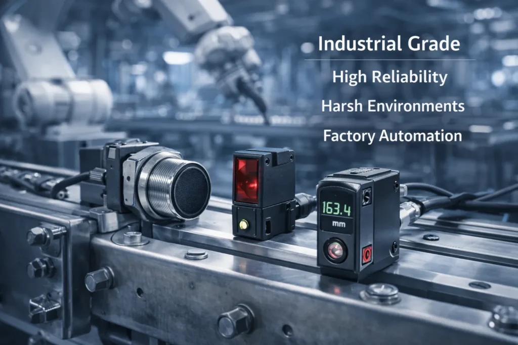 Premium industrial proximity sensors installed on factory automation equipment in a harsh environment