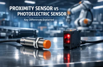 Proximity sensor vs photoelectric sensor cover image showing two industrial sensors in a factory technology setting