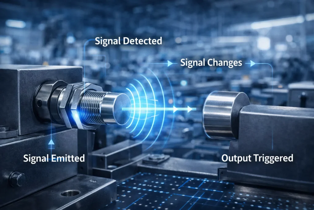 Proximity sensor working principle illustration showing signal emission detection and output trigger