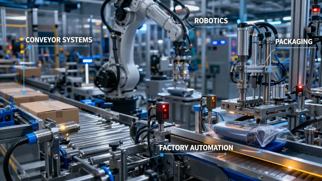 Proximity sensors used in conveyor robotics packaging and factory automation systems