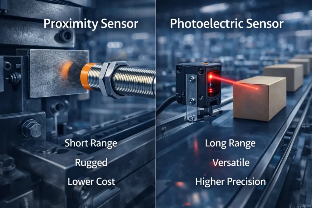 Proximity Sensor vs Photoelectric Sensor: What’s the Difference? 3 Split screen comparison of proximity sensor and photoelectric sensor in industrial applications
