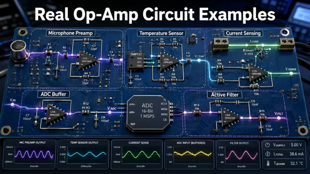 Real op-amp circuit examples for sensors audio current sensing and filtering